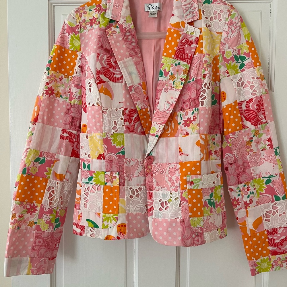 Lilly Pulitzer Pink Orange Patchwork Quilted Blaz… - image 1